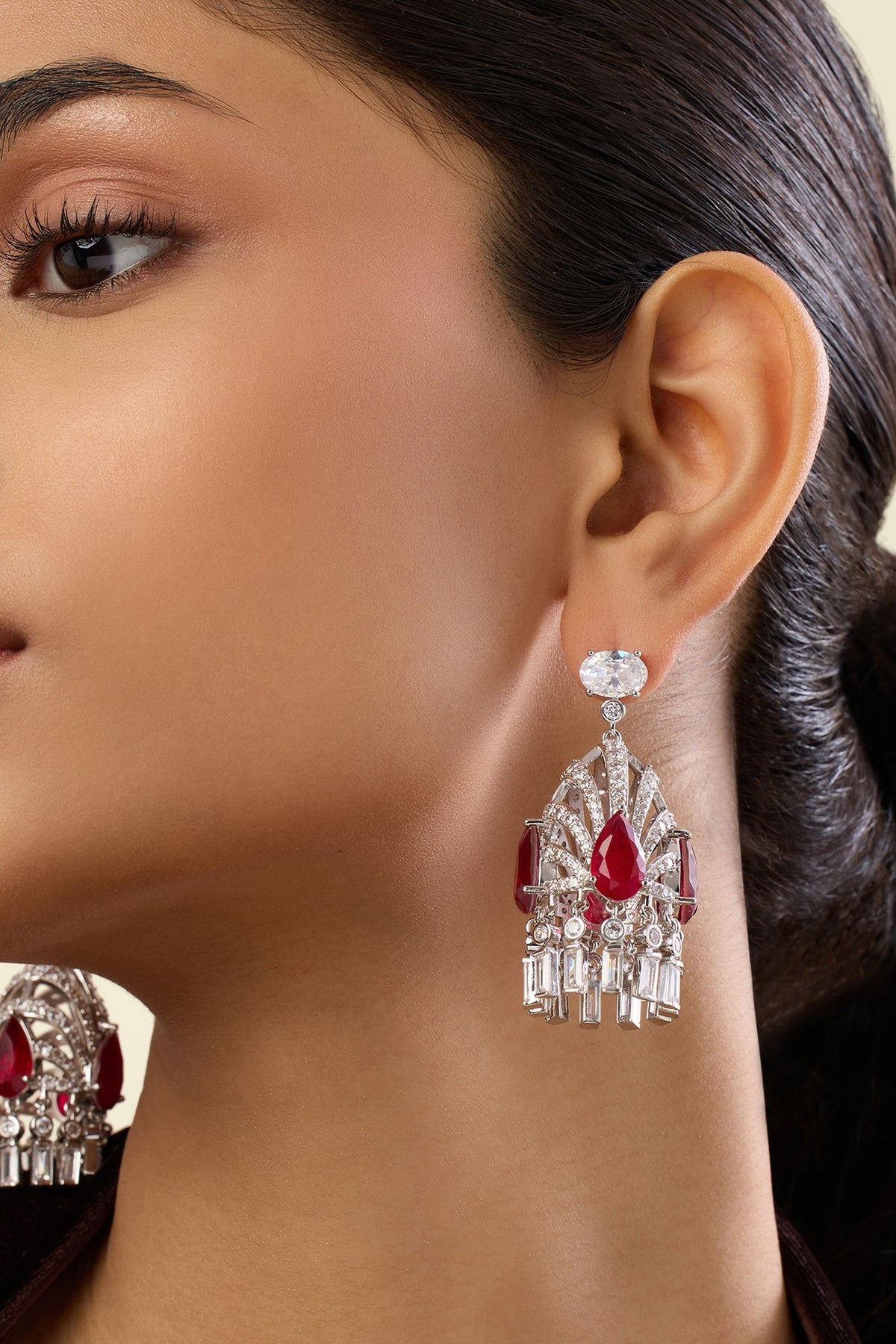 White Rhodium Finish Crystal Zirconia & Ruby Stone Dangler Earrings