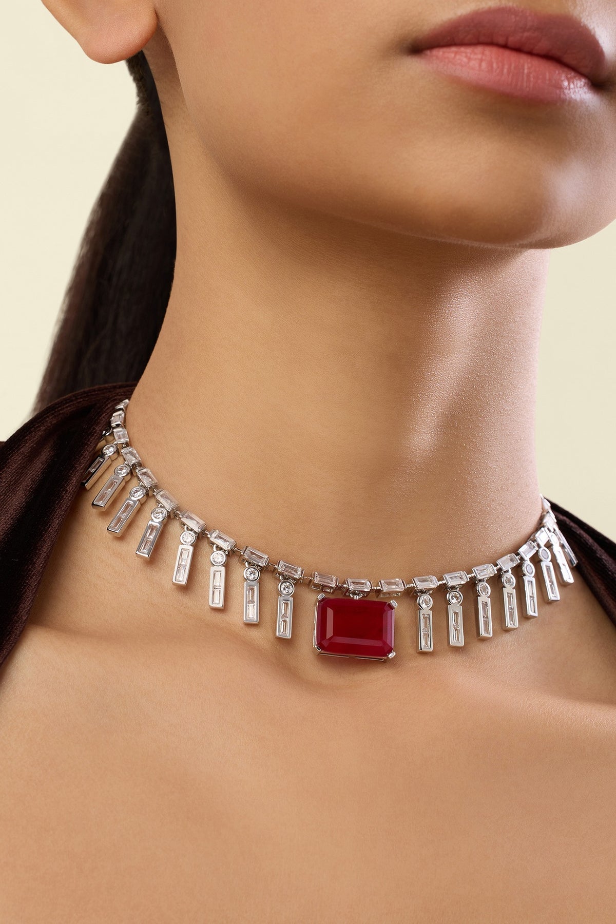 White Rhodium Finish Crystal Zirconia & Ruby Stone Choker Necklace