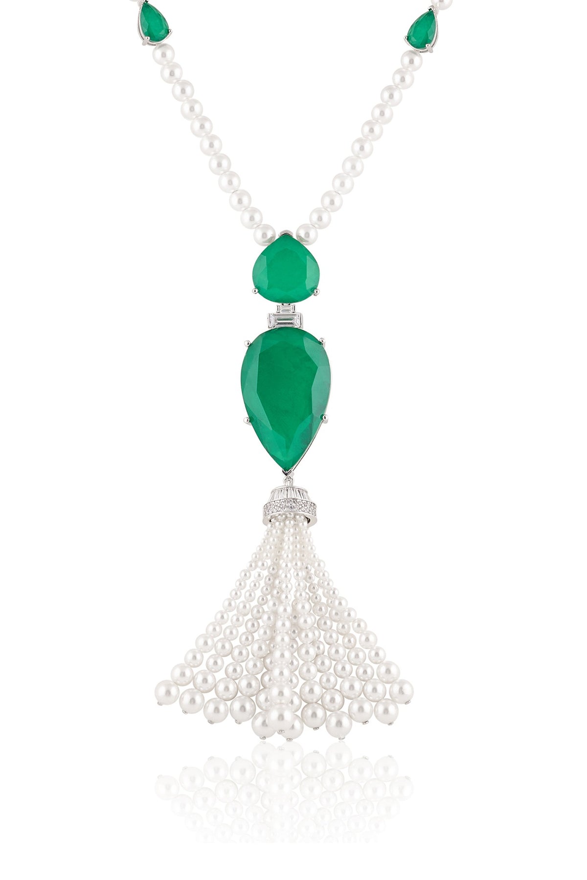 White Rhodium Finish Crystal Zirconia & Emerald Stone Long Necklace