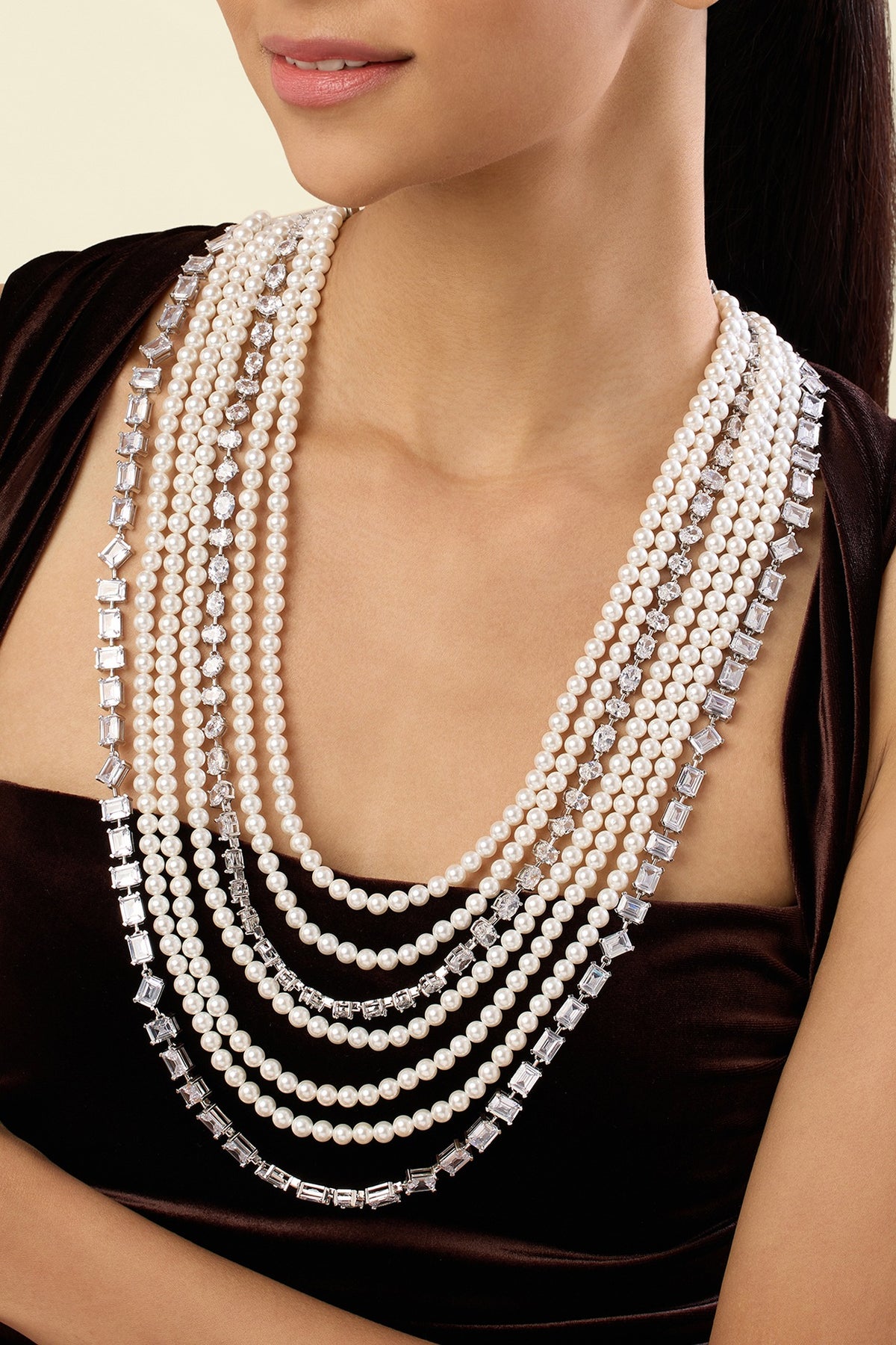 White Rhodium Finish Crystal Zirconia Long Necklace