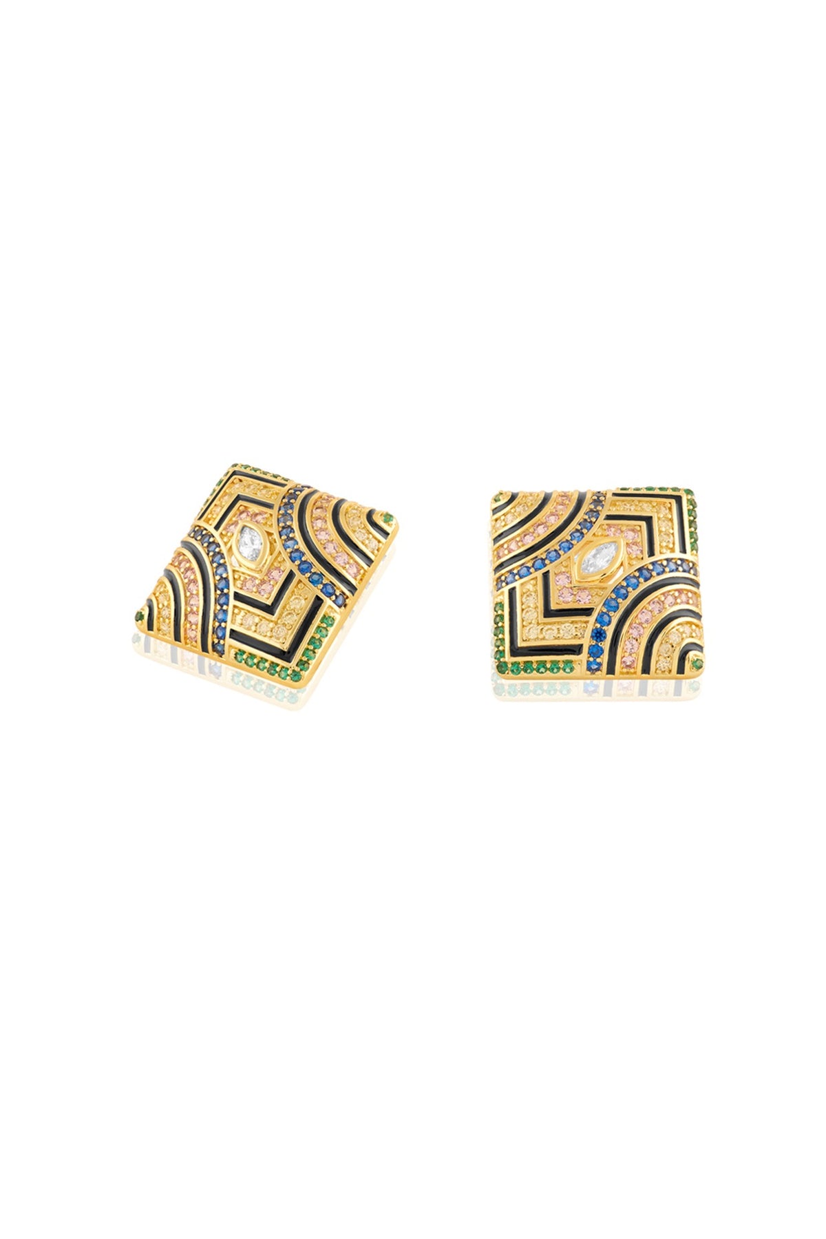 Gold Plated Crystal Zirconia Multi-Colored Enameled Stud Earrings