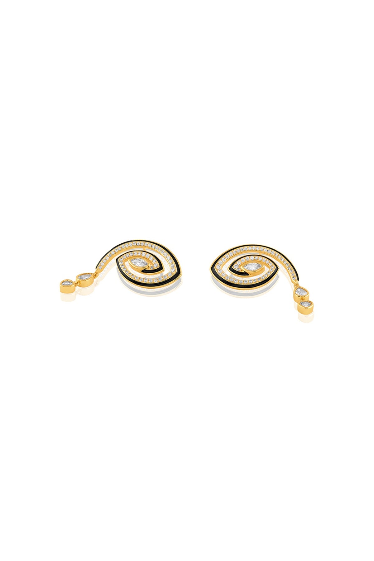 Gold Plated Crystal Zirconia Black Enameled Stud Earrings