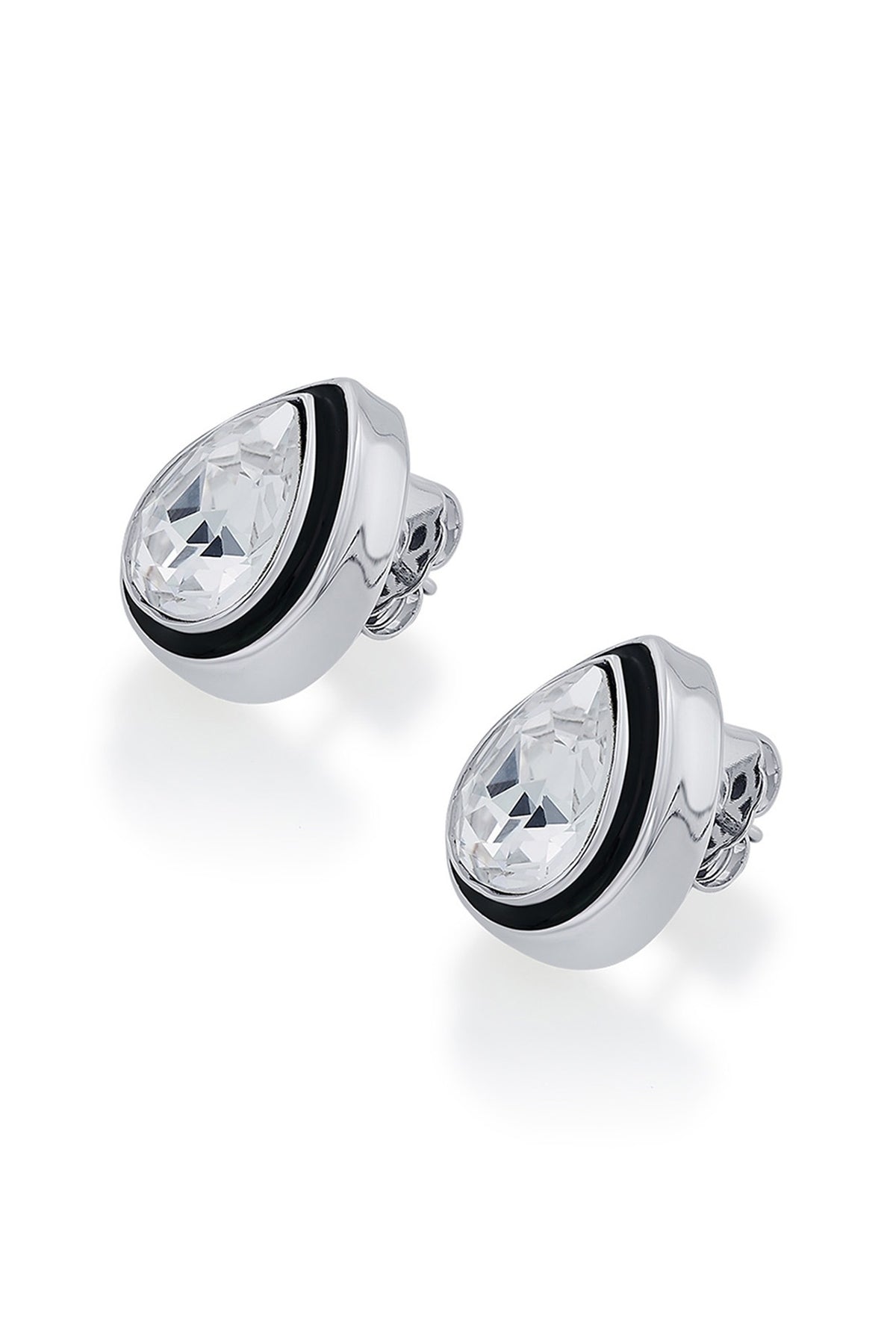 Black Rhodium Finish White Crystal Enameled Stud Earrings