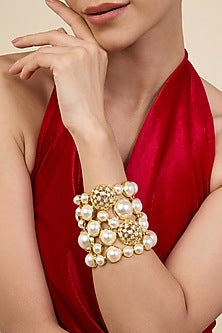 Gold Plated White Crystal & Pearl Open Cuff