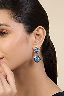 Gold Plated Aquamarine Crystal Enameled Dangler Earrings