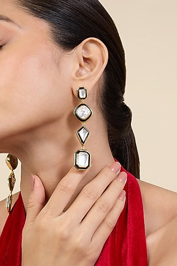 Gold Plated White Crystal Black Enameled Mismatched Dangler Earrings