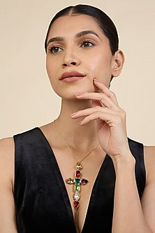 Gold Plated Multi-Colored Crystal Cross-Shaped Necklace