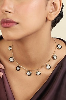 Gold Plated White Crystal Enameled Choker Necklace