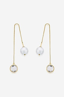 Gold Finish Mirror & Cotton Pearl Dangler Earrings