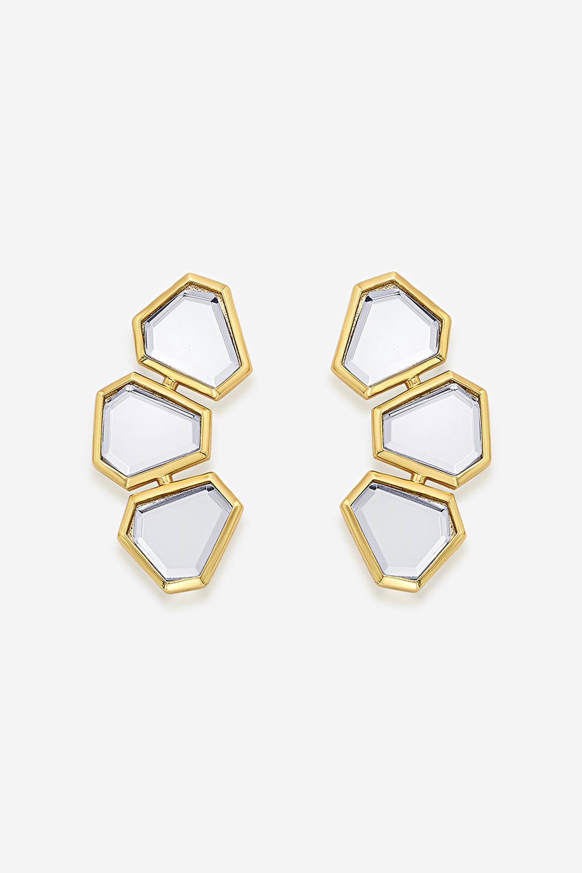 Gold Finish Mirror & CZ Stud Earrings