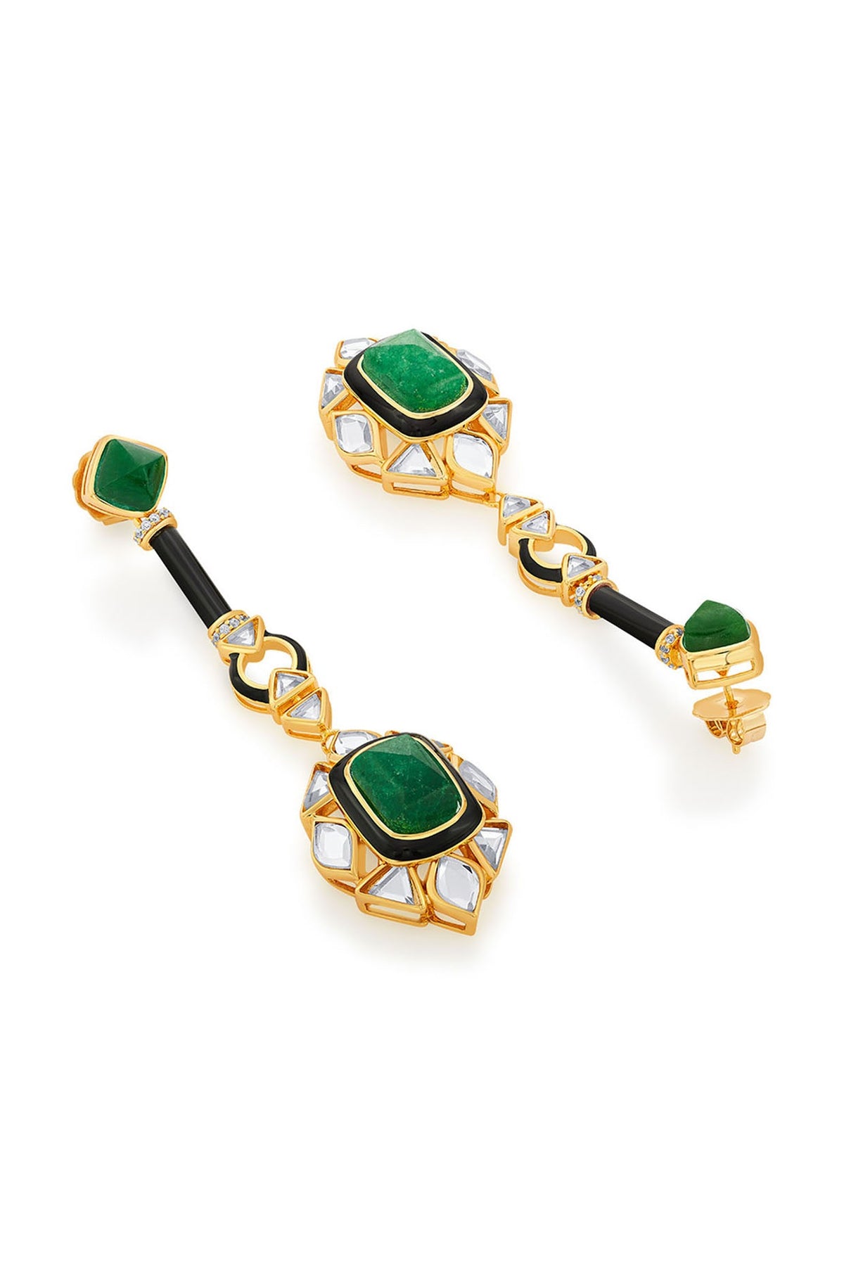 Gold Finish Polki-Cut Mirror & Carved Green Stone Dangler Earrings