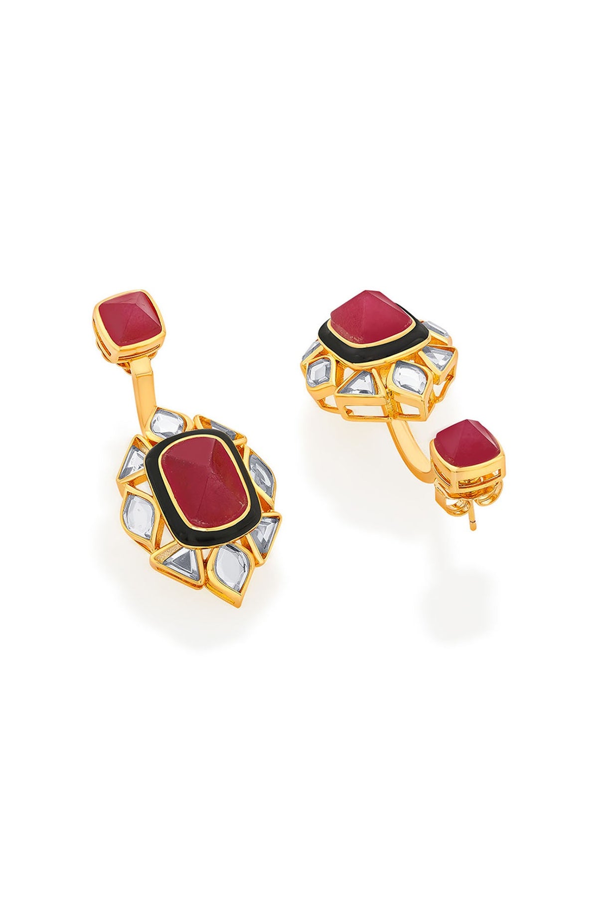 Gold Plated Pink Jade & Mirror Dangler Earrings