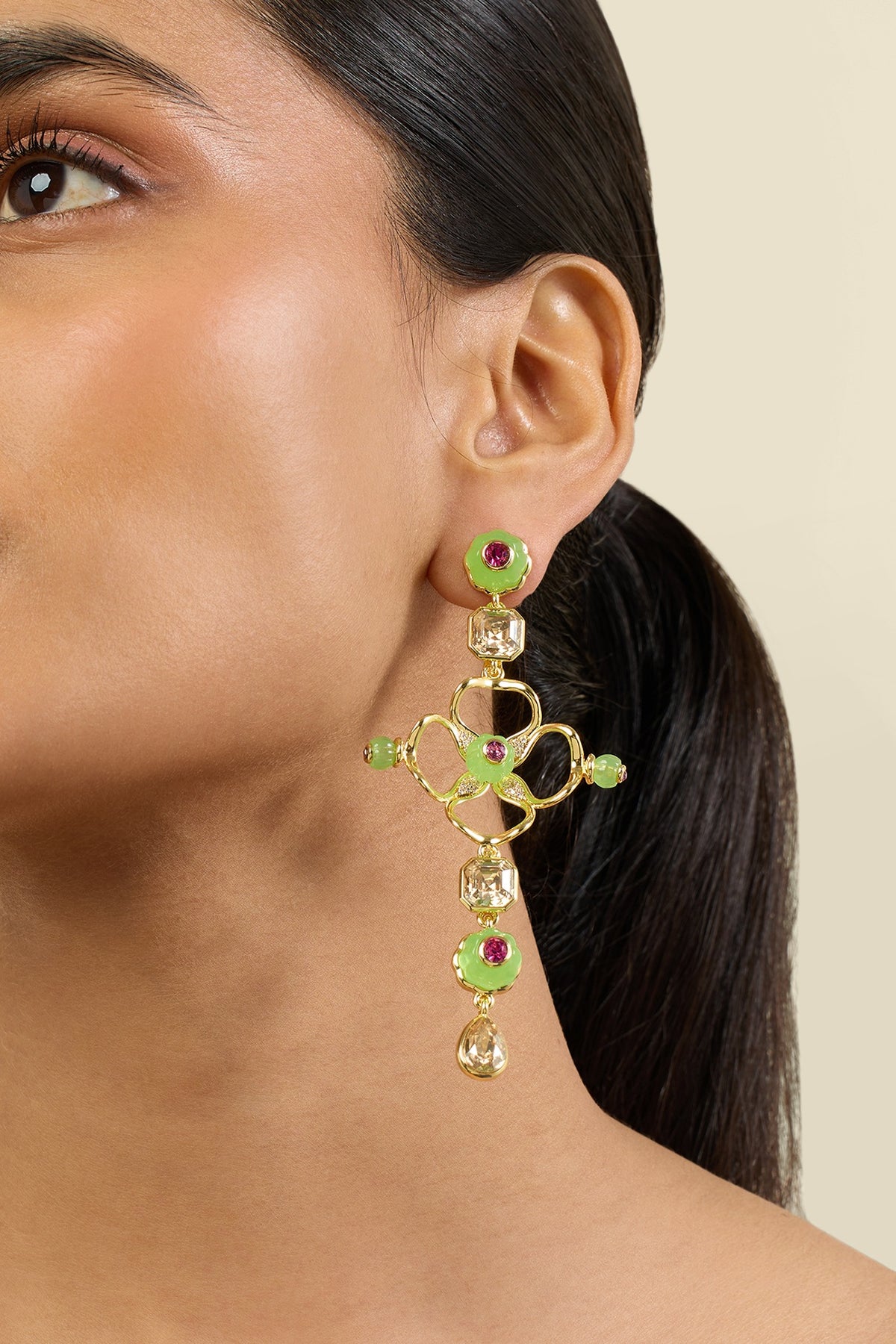 Gold Plated Green Crystal & Zircon Dangler Earrings