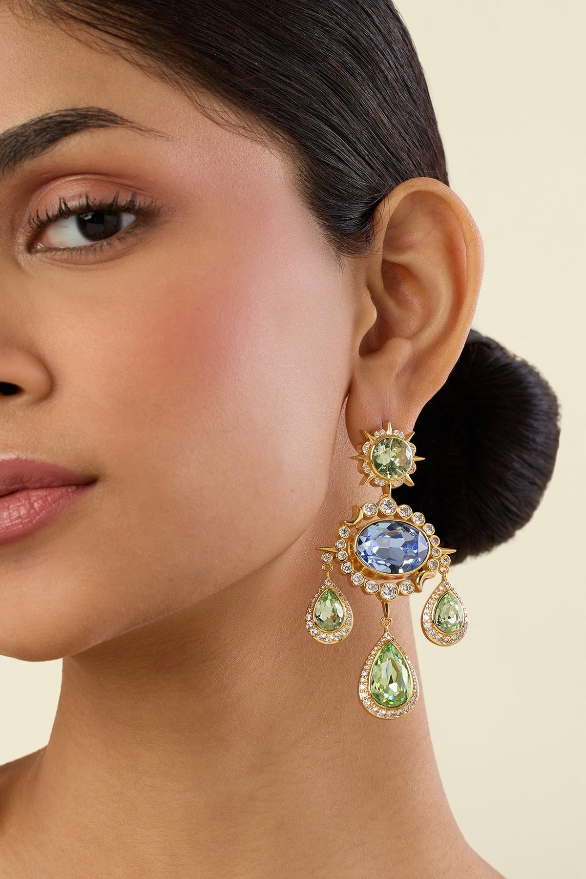 Gold Plated Green Crystal Dangler Earrings