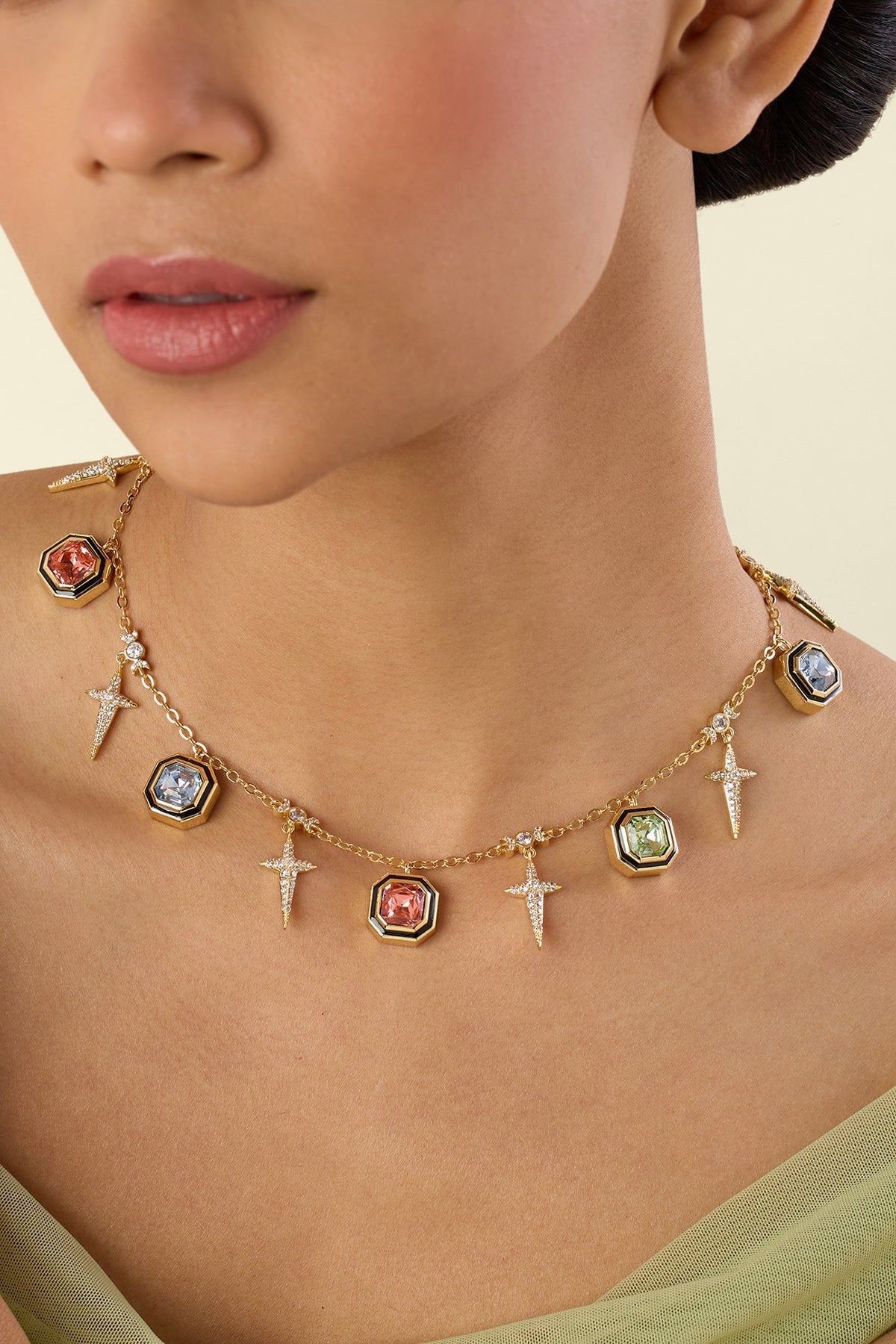 Gold Plated Multi-Colored Crystal Choker Charm Necklace