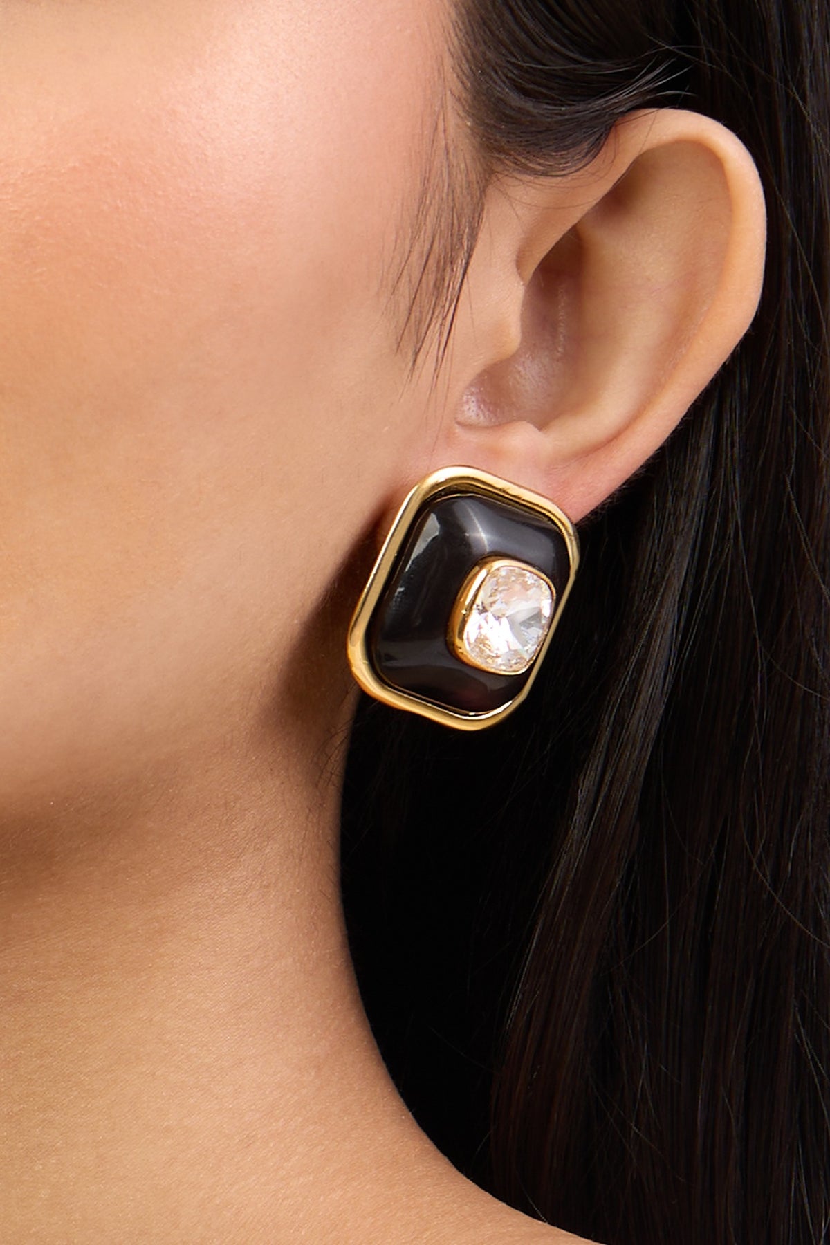 Gold Plated Black Resin Crystal Stud Earrings