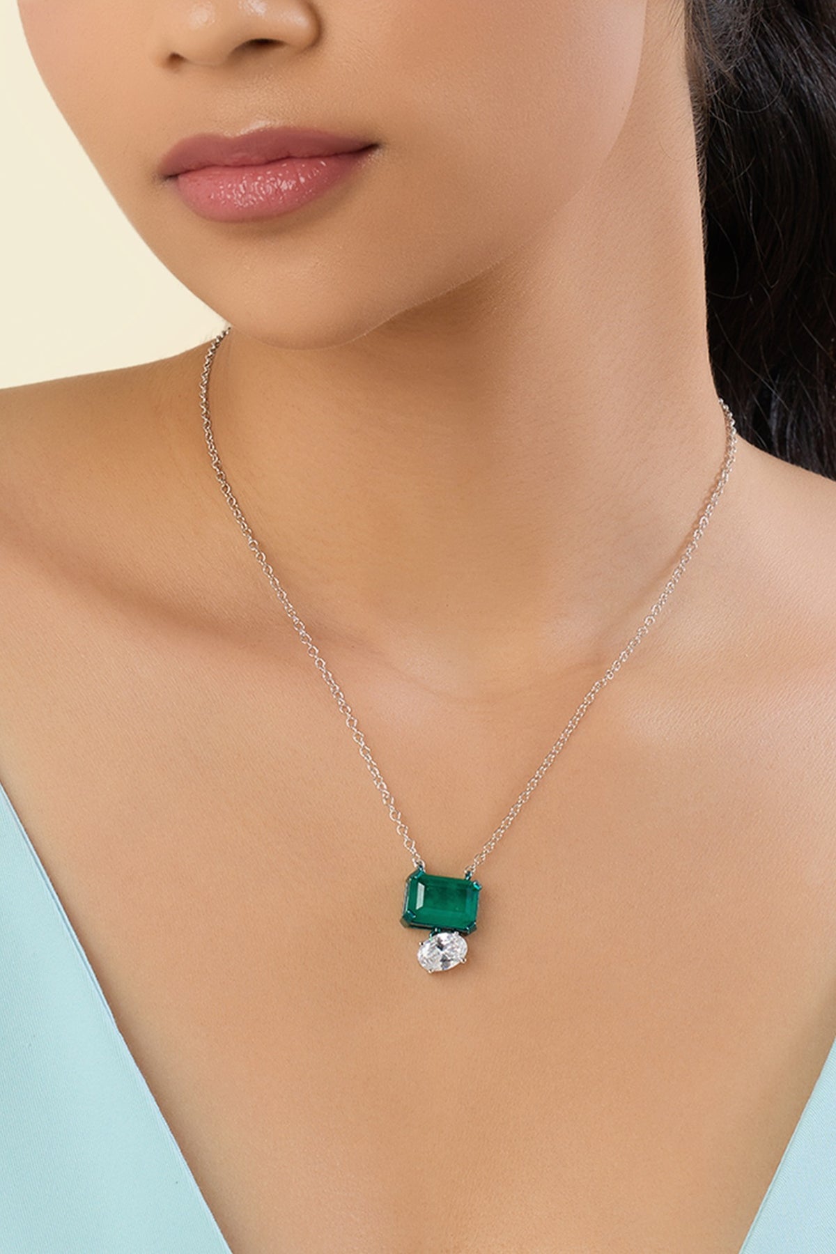 White Rhodium Finish Emerald Doublet Stone Pendant Necklace