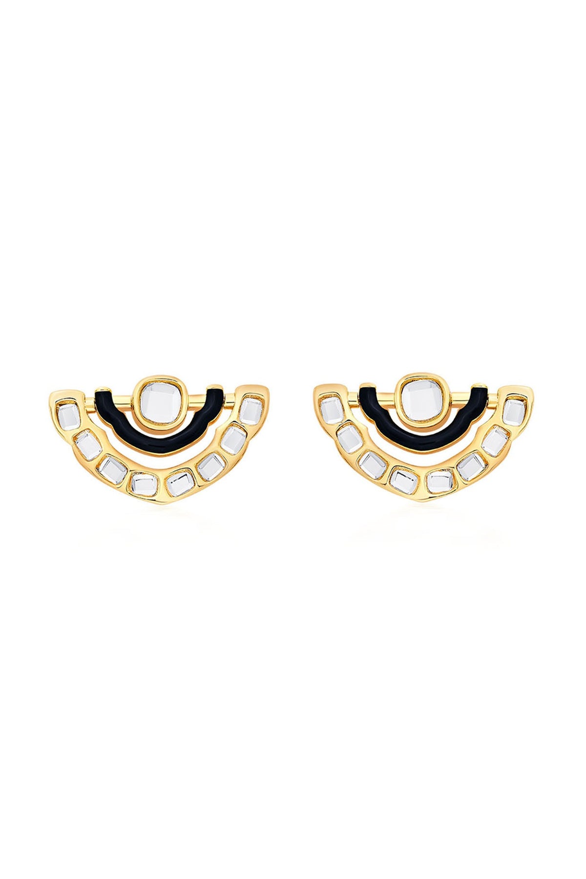 Gold Plated Mirror & Black Enamel Stud Earrings