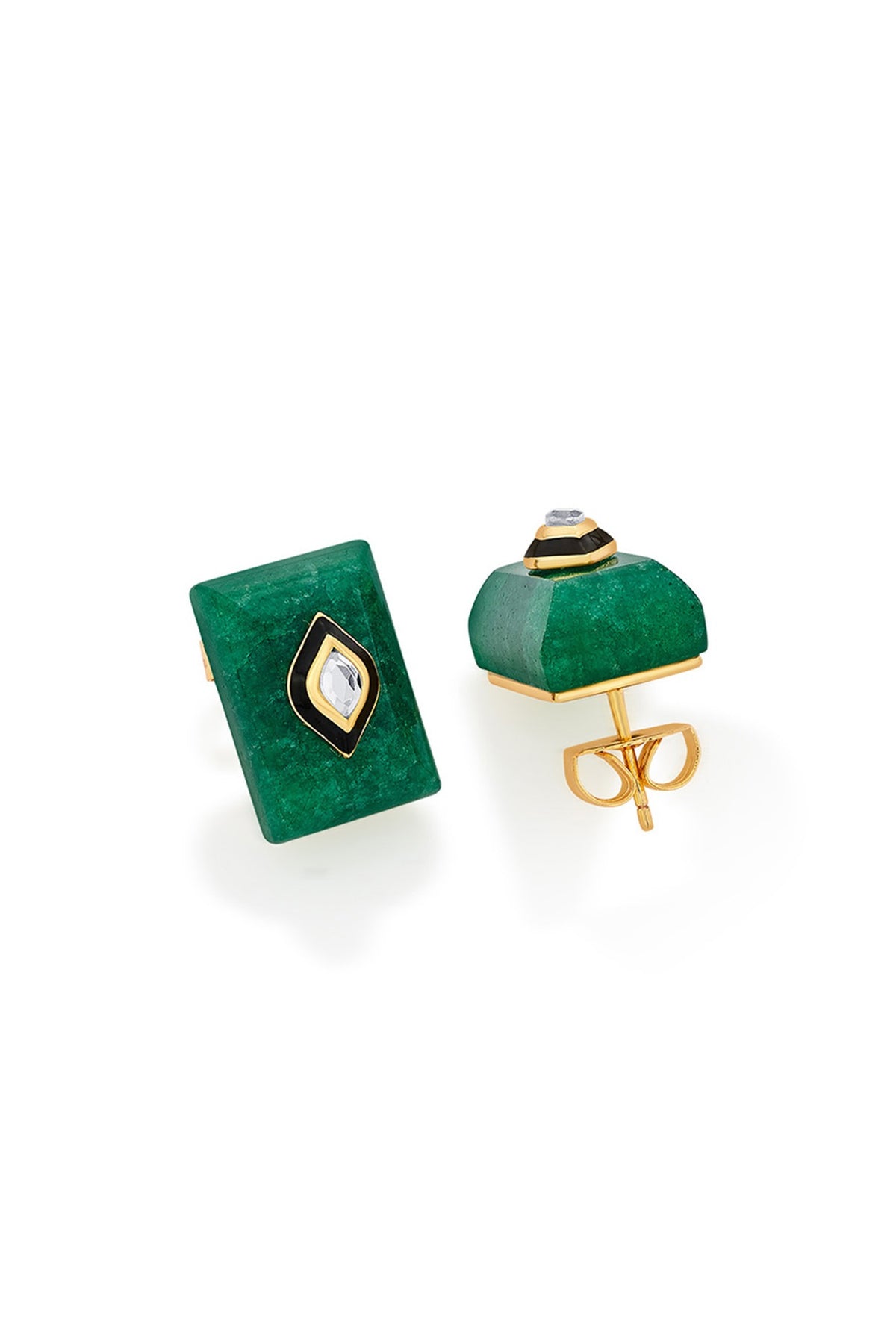Gold Plated Mirror & Green Jade Stud Earrings