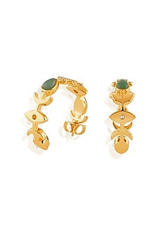 Gold Plate Crystal Zirconia & Green Aventurine Stone Blue Enameled Hoop Earrings