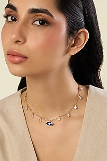 Gold Plated Crystal Zirconia Blue Enameled Evil-Eye Necklace