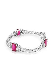 White Rhodium Finish Ruby Corundum & CZ Stone Tennis Bracelet