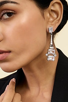 White Rhodium Finish Custom-Cut CZ Stone Enameled Dangler Earrings