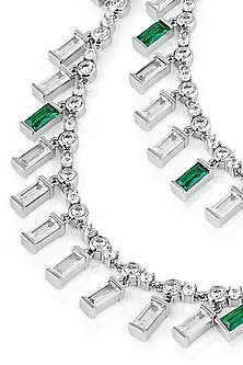 White Rhodium Finish Custom-Cut CZ & Green Stone Collar Necklace