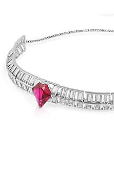 White Rhodium Finish CZ & Ruby Corundum Stone Choker Necklace