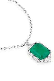 White Rhodium Finish Custom-Cut CZ & Doublet Dark Emerald Stone Pendant Necklace