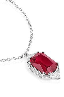 White Rhodium Finish Custom-Cut CZ & Ruby Corundum Stone Pendant Necklace