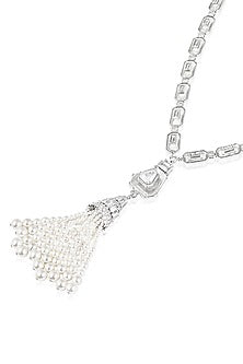White Rhodium Finish CZ Stone & Pearl Tassel Long Necklace