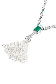 White Rhodium Finish Pearl & Doublet Dark Emerald Stone Long Necklace