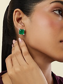 White Rhodium Finish Crystal Zircon & Emerald Green Doublet Stone Square Stud Earrings