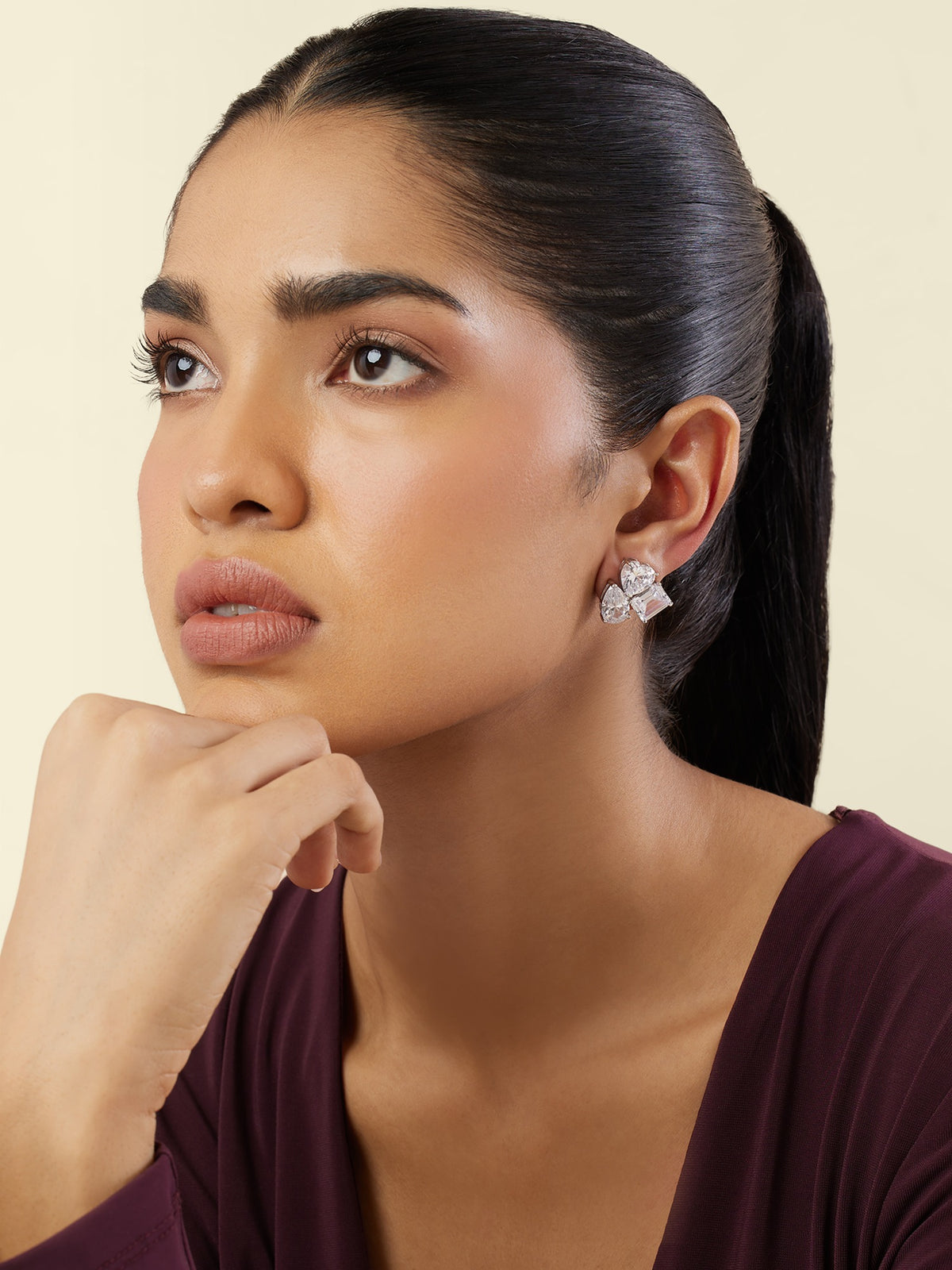 White Rhodium Finish Crystal Zircon Geometric Stud Earrings