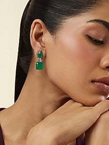 White Rhodium Finish Crystal Zircon & Emerald Green Doublet Stone Dangler Earrings