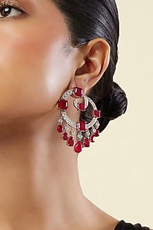 White Rhodium Finish Crystal Zircon & Ruby Doublet Stone Chandbali Earrings