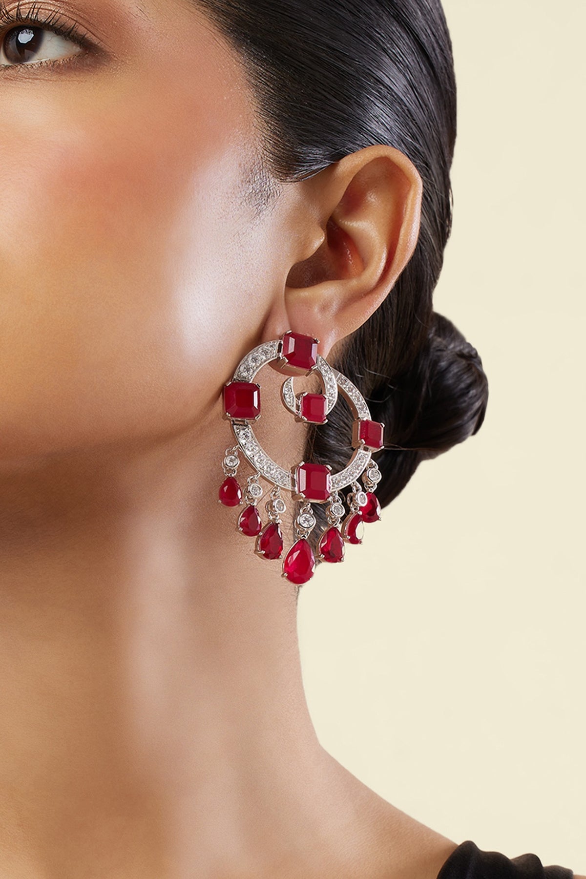 White Rhodium Finish Crystal Zircon & Ruby Doublet Stone Chandbali Earrings