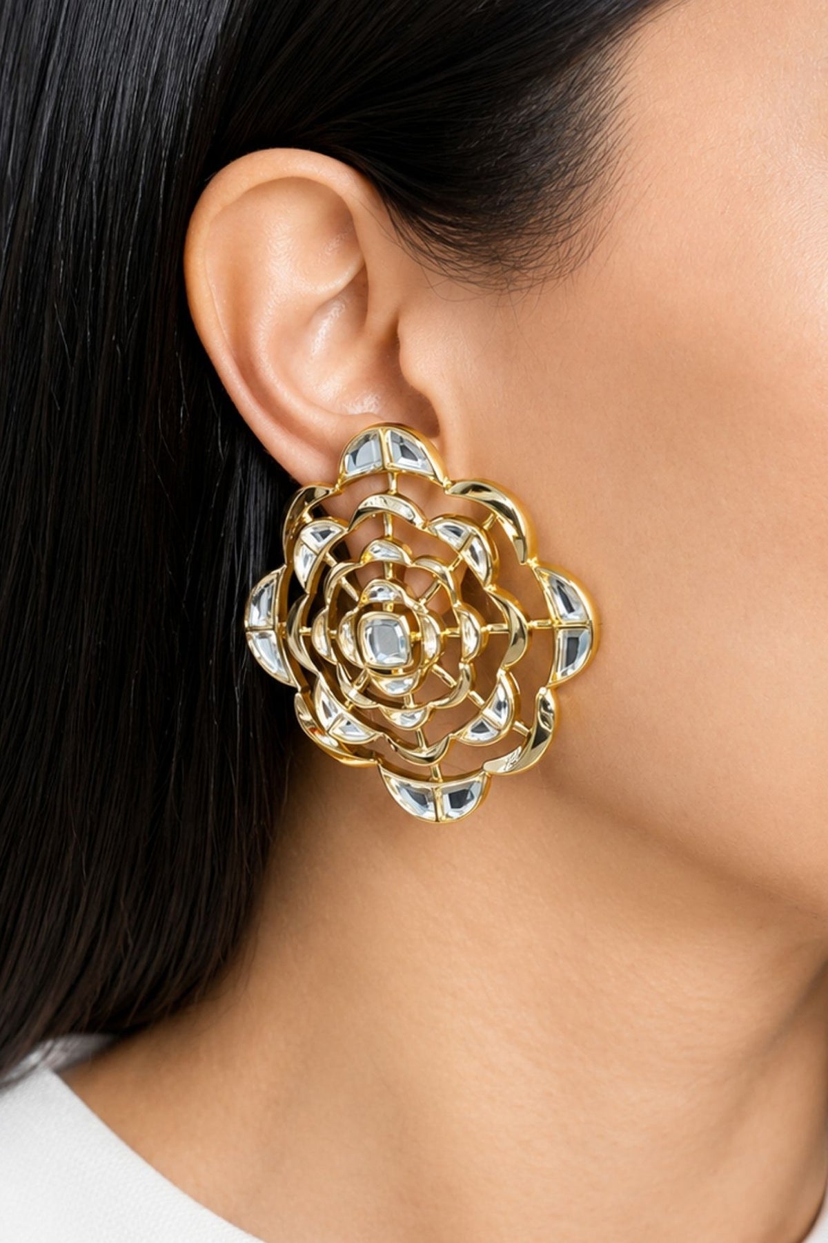 Micron Gold Finish Hand-Cut Polki Mirror Stud Earrings