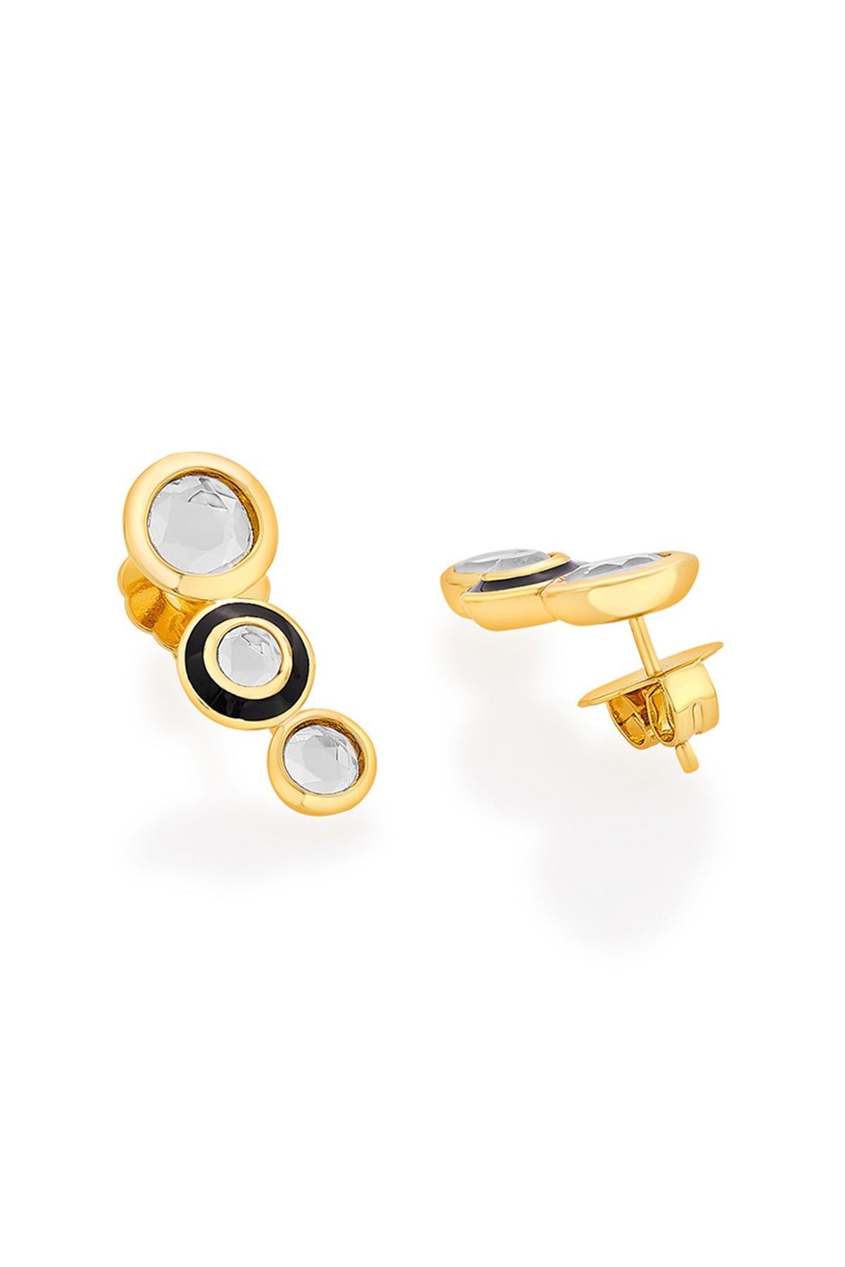 Gold Plated Mirror Black Enameled Stud Earrings