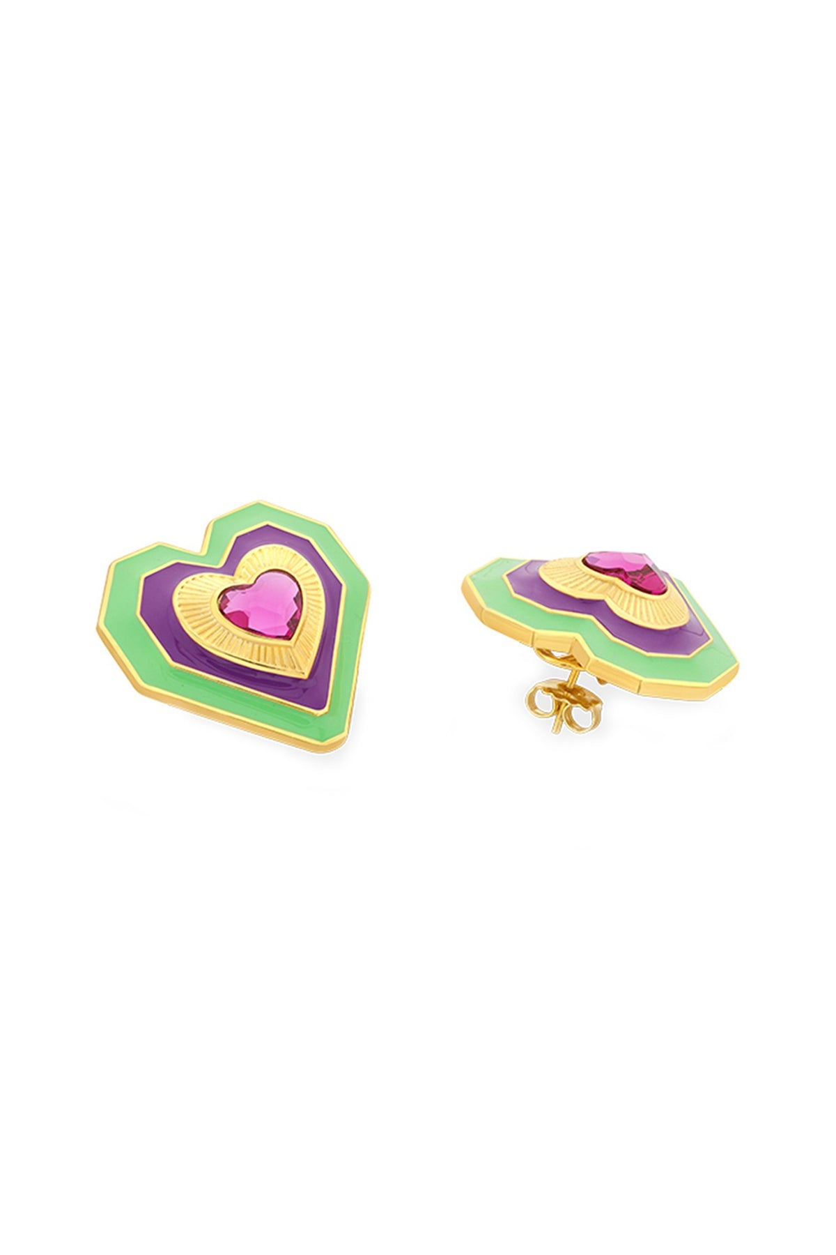 Gold Plated Green & Purple Crystal Heart Stud Earrings