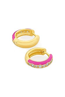 Gold Plated CZ Rani Pink Enameled Hoop Earrings