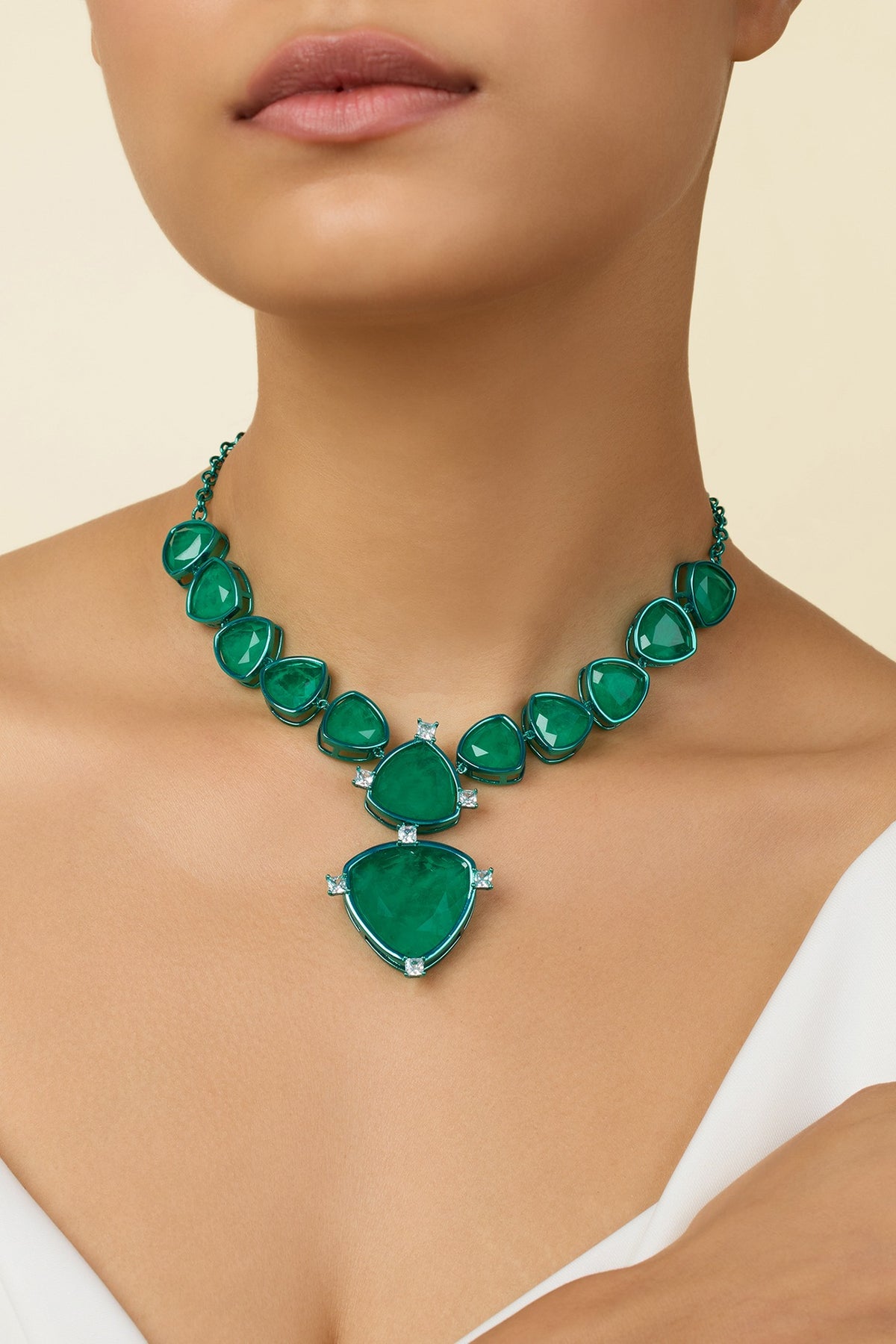 Gold Plated Green Doublet Stone & CZ Collar Necklace