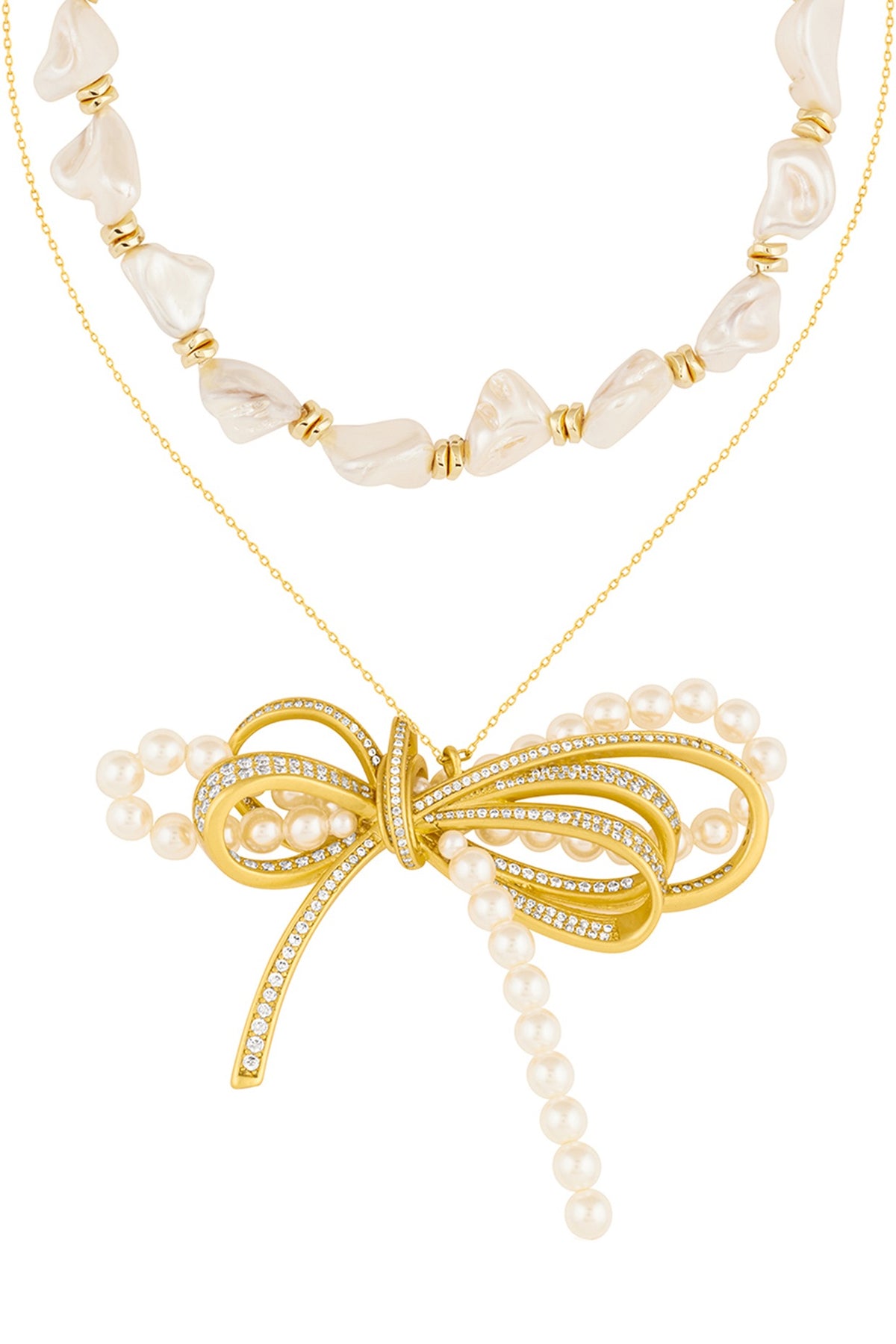 Gold Plated Pearl & CZ Bow Layered Necklace