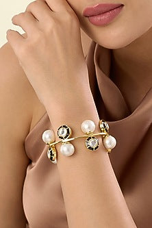 Gold Plated Mirror & Pearl Enameled Cuff