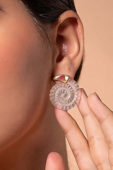 Gold Finish Seashell Rock Crystal Stud Earrings