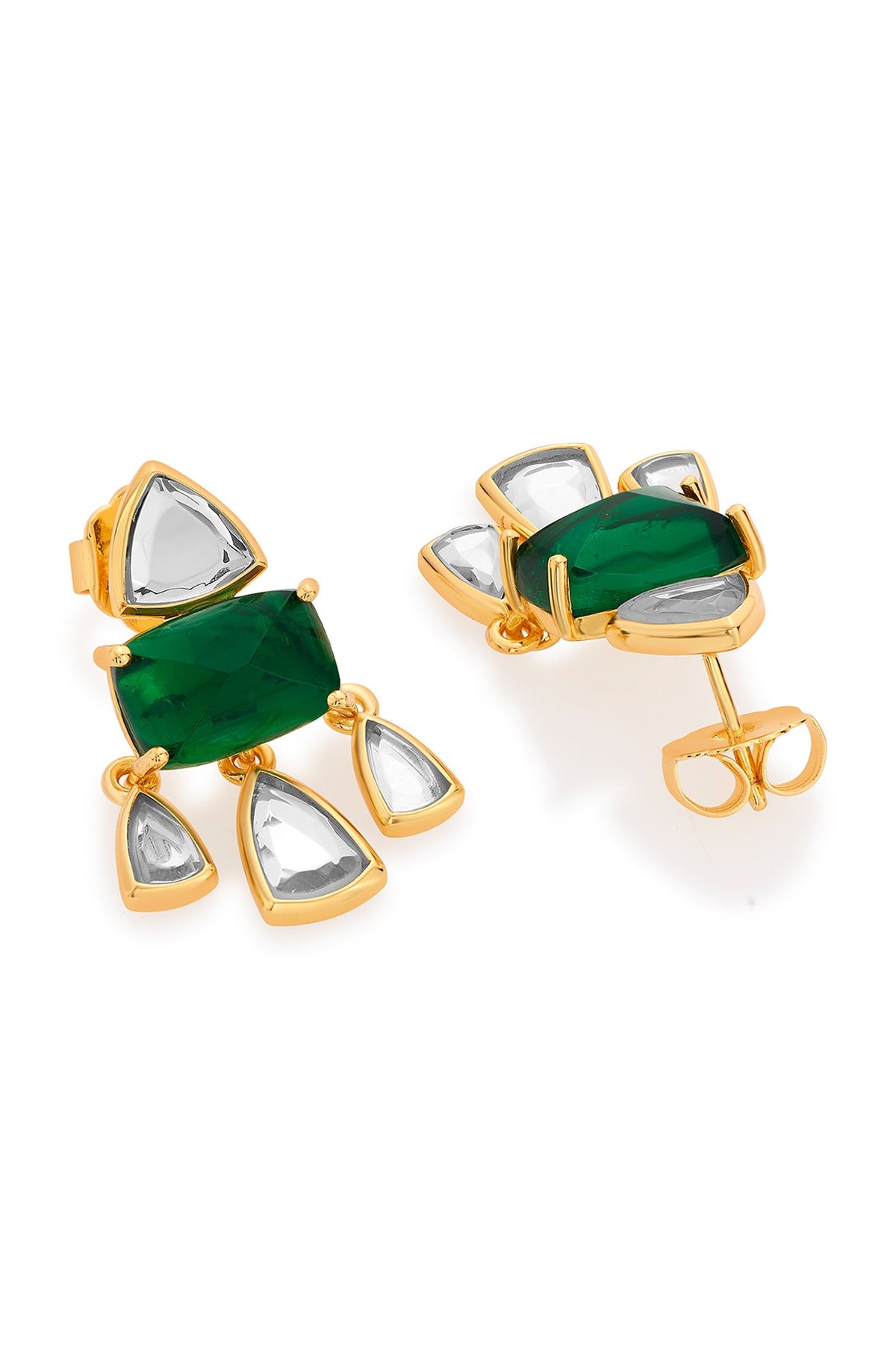 Gold Finish Mirror & Hydro Emerald Stud Earrings