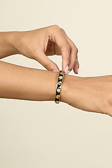 Gold Plated CZ Black Enameled Lucky Charm Cuff