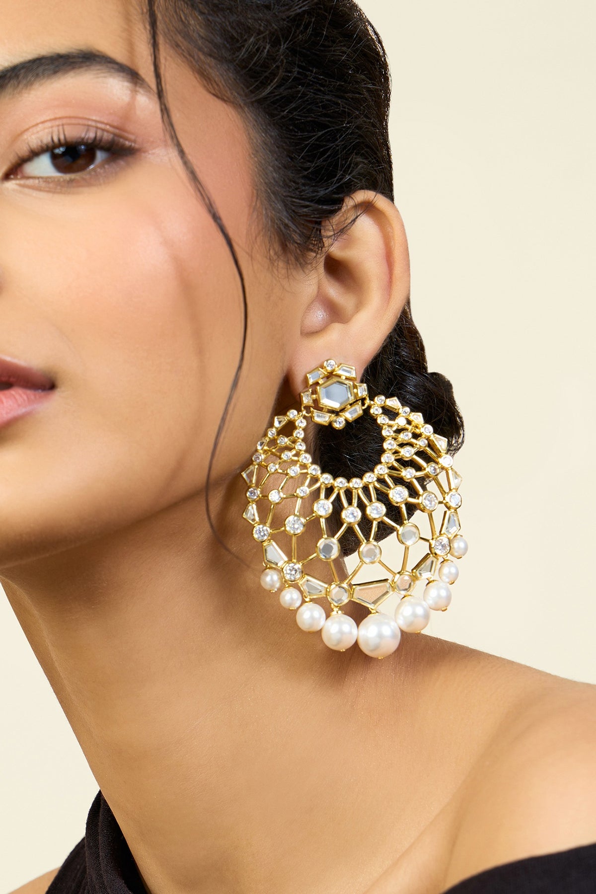 Gold Plated Pearl & Mirror Chandbali Earrings