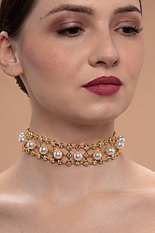 Gold Plated CZ & Pearl Choker Necklace